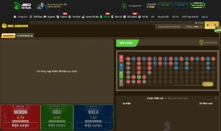 Giao diện đặt cược đá gà JBO