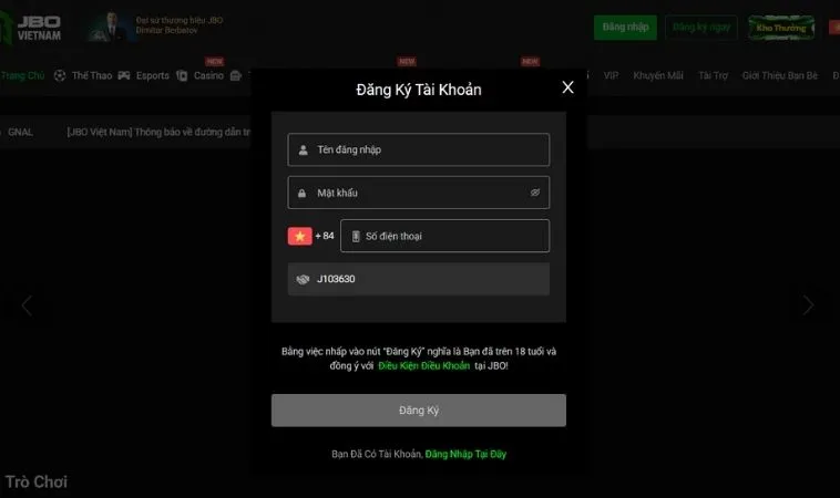 Giao diện đăng ký JBO