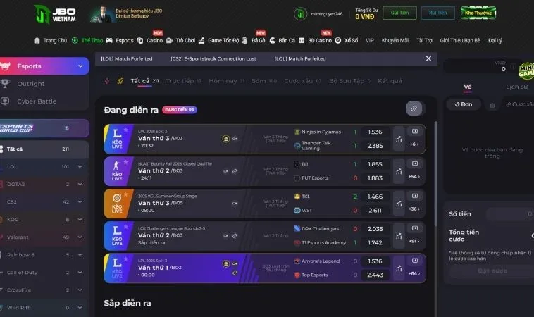 Bí Kíp Cược Thể Thao Điện Tử Tại JBO Bất Bại Cho Người Mới 2 Giao diện đặt cược Thể Thao Điện Tử Tại JBO