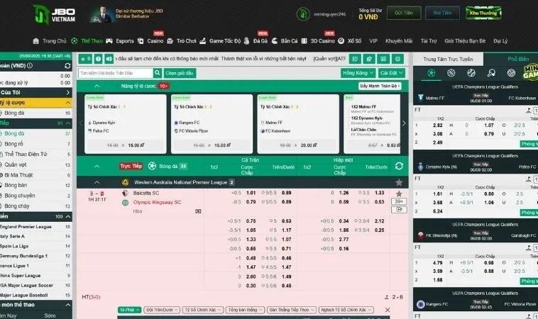 Giao diện đặt kèo cá cược bóng đá JBO